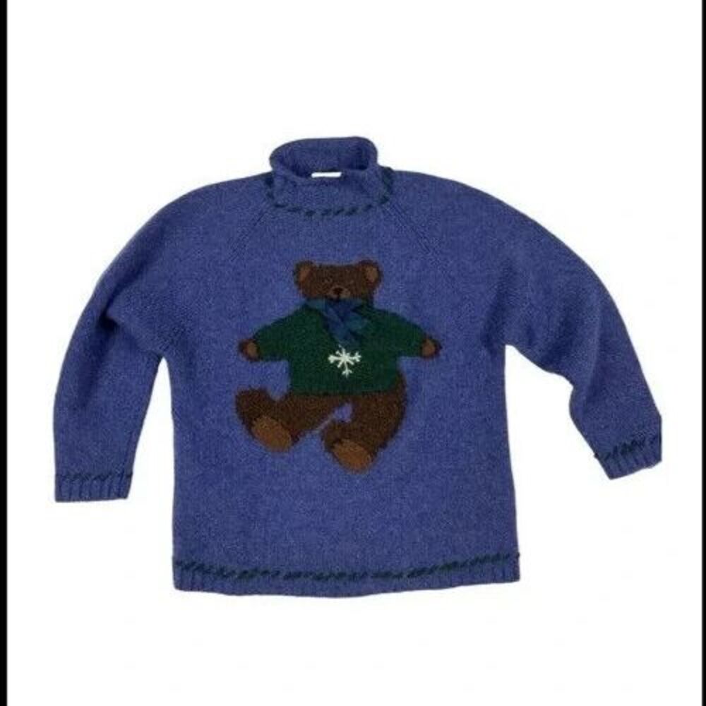 Belle Pointe Vintage Wool Blend Blue Sweater  3D Bear w/ Green Sweater